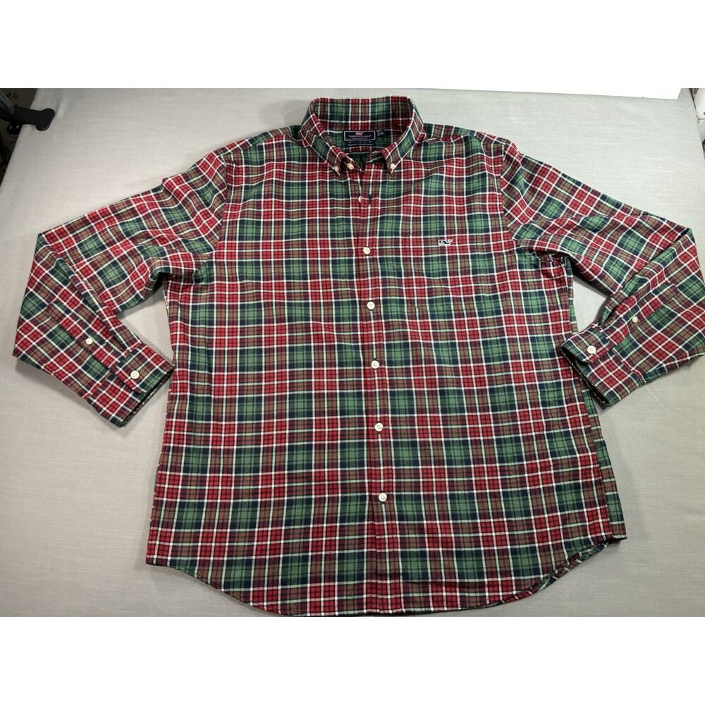 Vineyard Vines Plaid Button Down Shirt XL Slim Fit Tucker Red Green Whale Logo